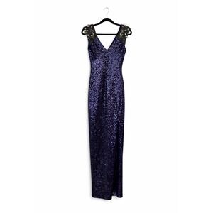 SPY Zone Exchange Navy Sequin V-Neck Embellished Gala Maxi Gown Dress Size S